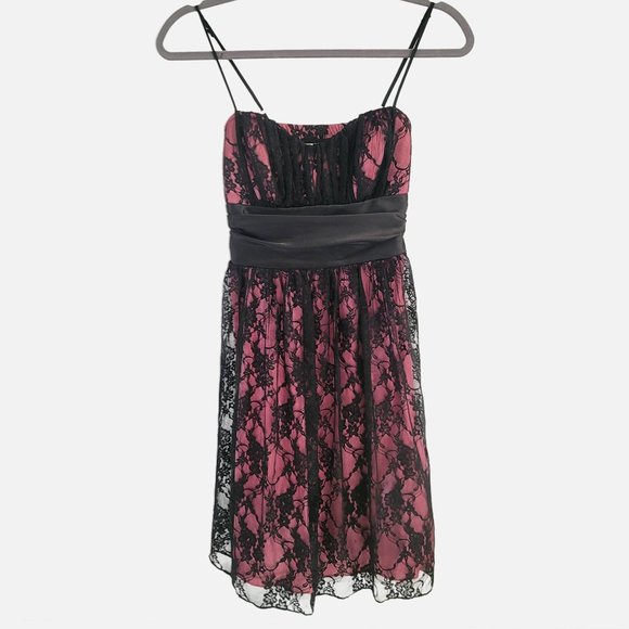 Speechless Hot Pink with Black Floral Lace Mini Dress with Bow - Size Sm… - Picture 1 of 15
